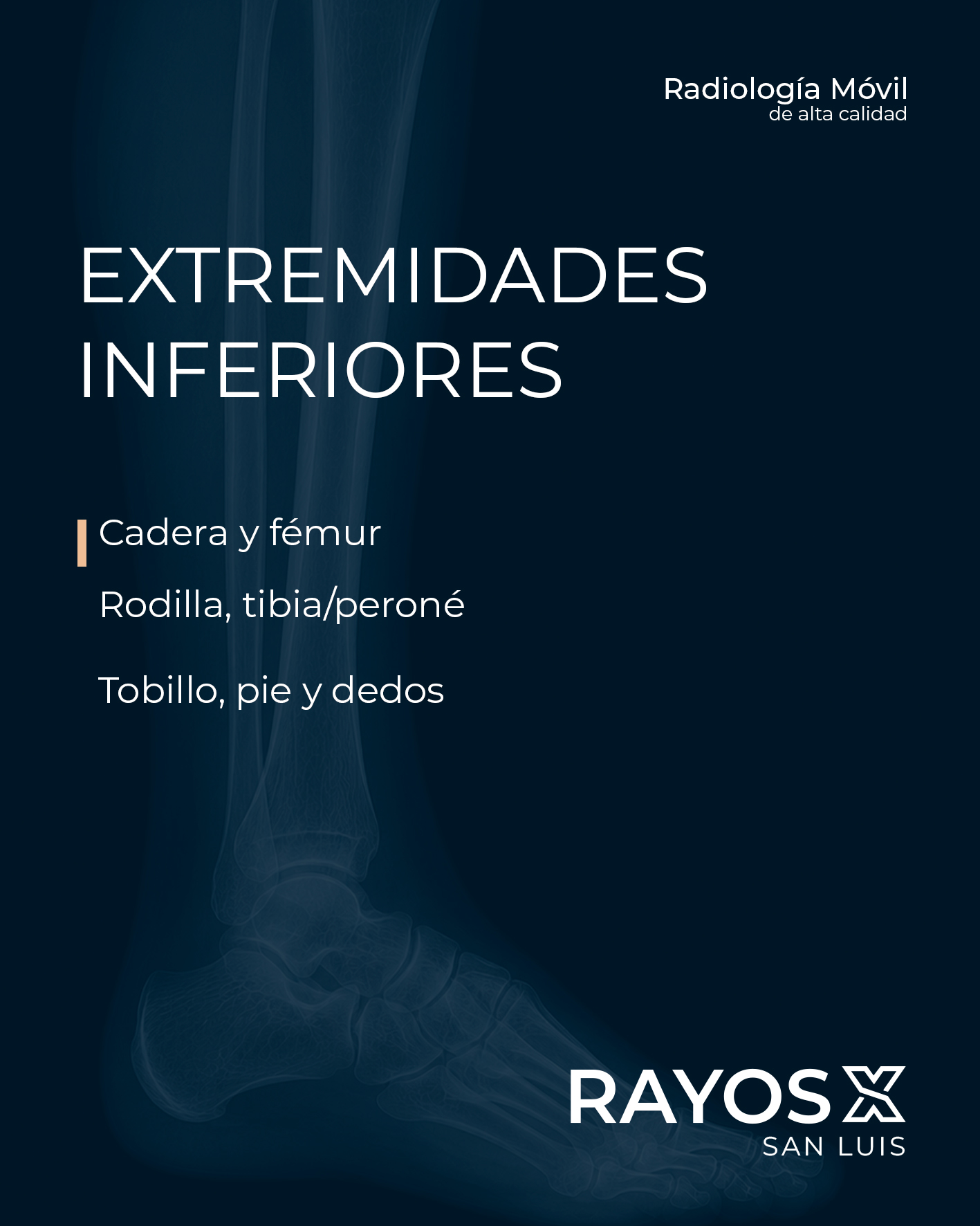 Radiografía de cadera, fémur, rodilla, tibia, peroné, tobillo y pie a domicilio en San Luis Potosí - RayosX